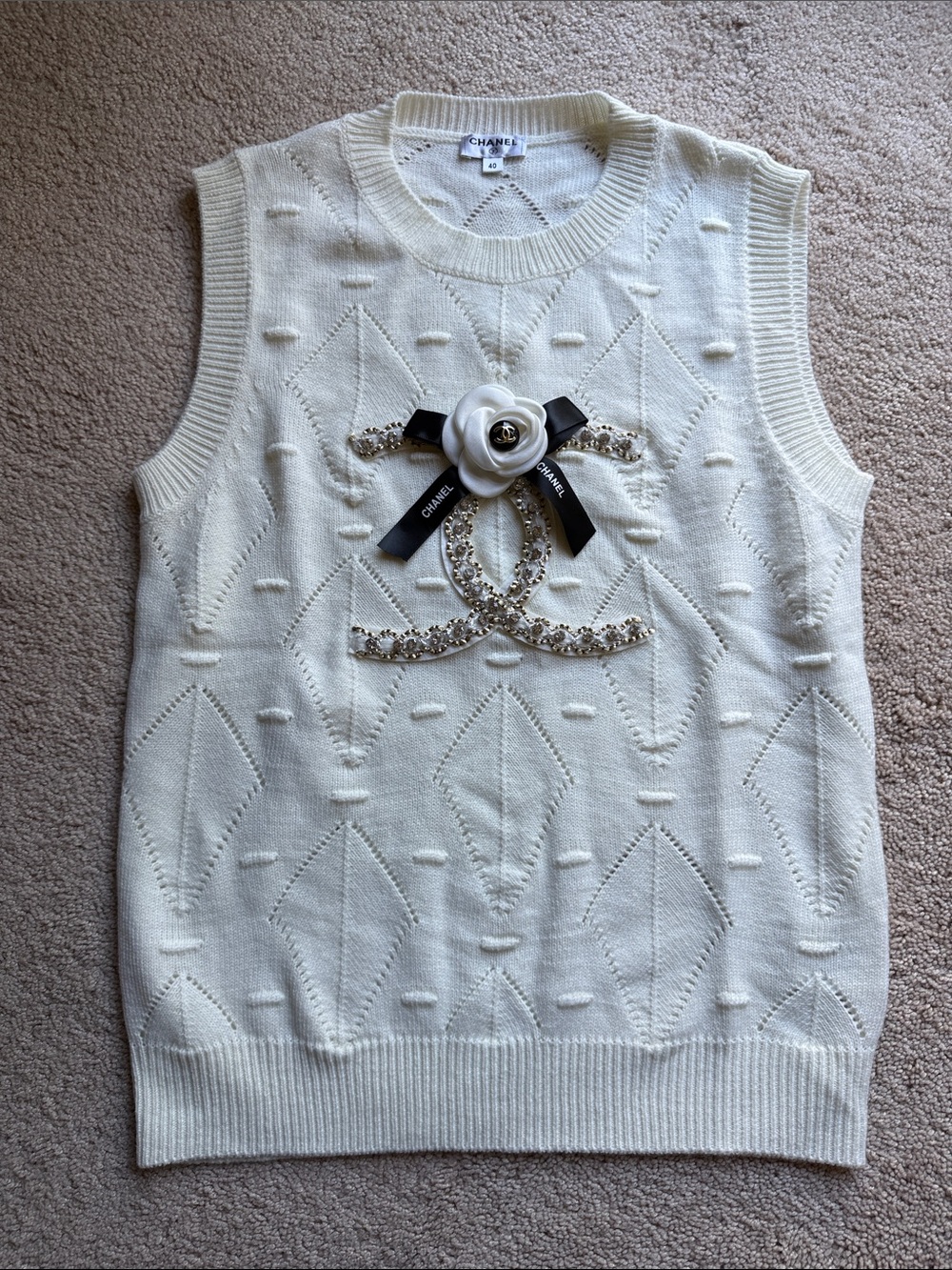 Chanel Ivory Knit Vest Crystal CC Camellia Logo Size 40